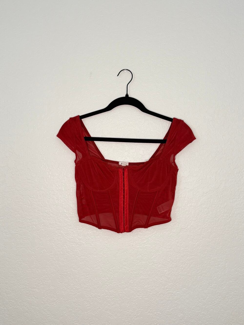 Garage Burgundy Mesh Sheer Corset‑Style Crop Top – Size Small